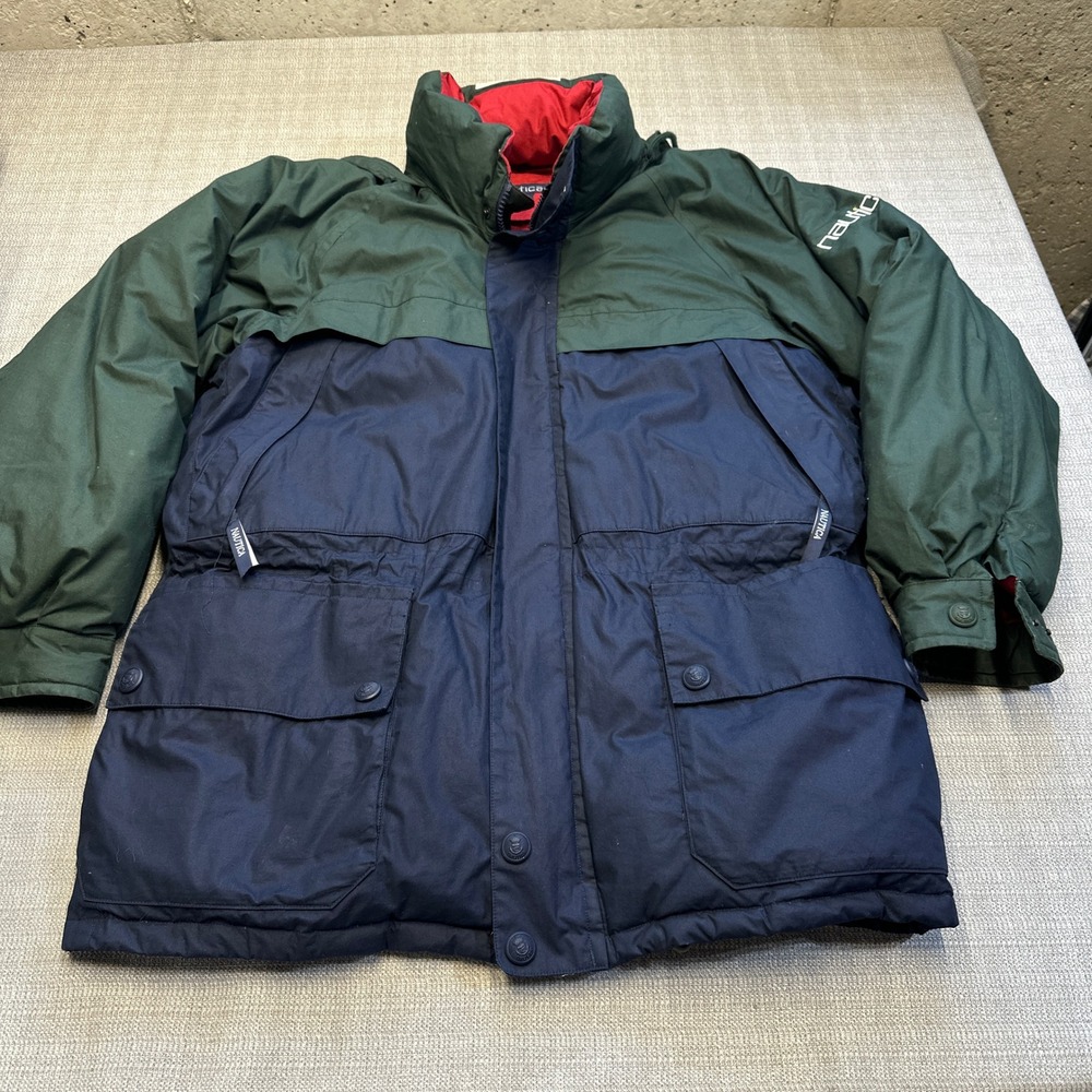 Vintage Nautical Down Puffer Jacket Mens Large Colorblock Blue Green Parka Retro